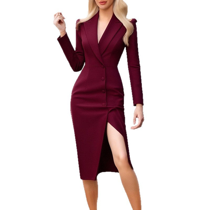 Stylish Everyday Commuter Solid-color V-neck Button-fit Dress