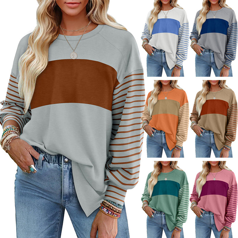 Pullover Crewneck Striped Casual Contrast-color Long-sleeve Top