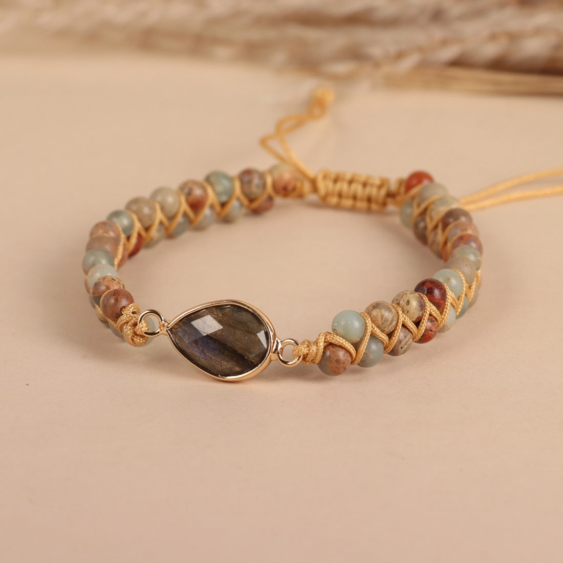 Elongated Stone Droplet Shaped Pendant Shoushan Stone Round Bead Double-layer String Woven Bracelet