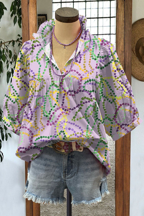 Loose-fitting Womens V-neck Top With Puffed Sleeves