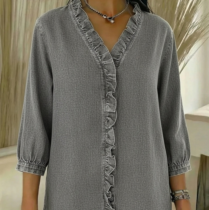 Womens Casual Denim-Style V-Neck Ruffle-Trim Shirt
