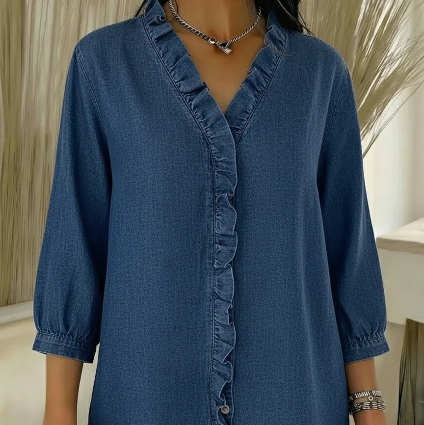 Womens Casual Denim-Style V-Neck Ruffle-Trim Shirt