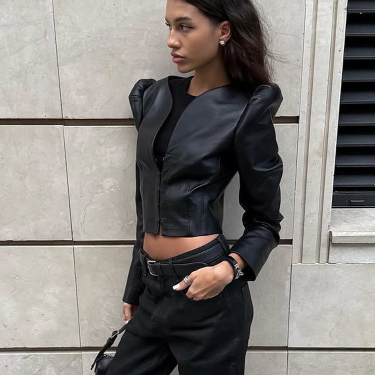 Stylish Black V-Neck Patchwork PU Leather Shirt