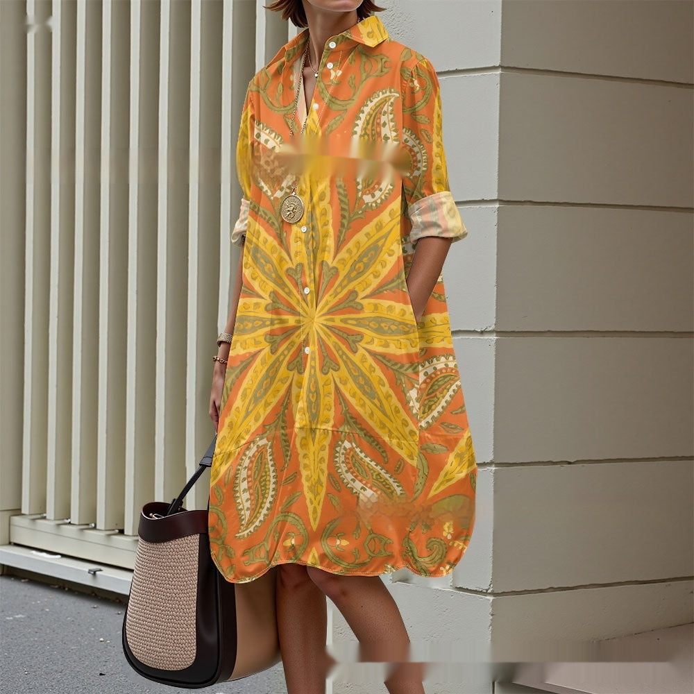 Creative Floral Art Print Long Sleeve Shirt Dress