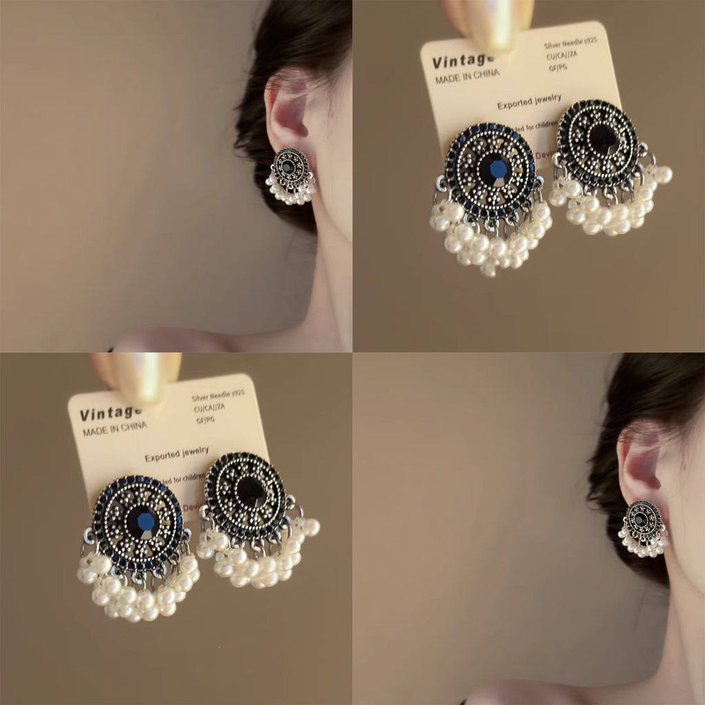 Silver Needle Retro Geometric Tassel Pearl Earrings