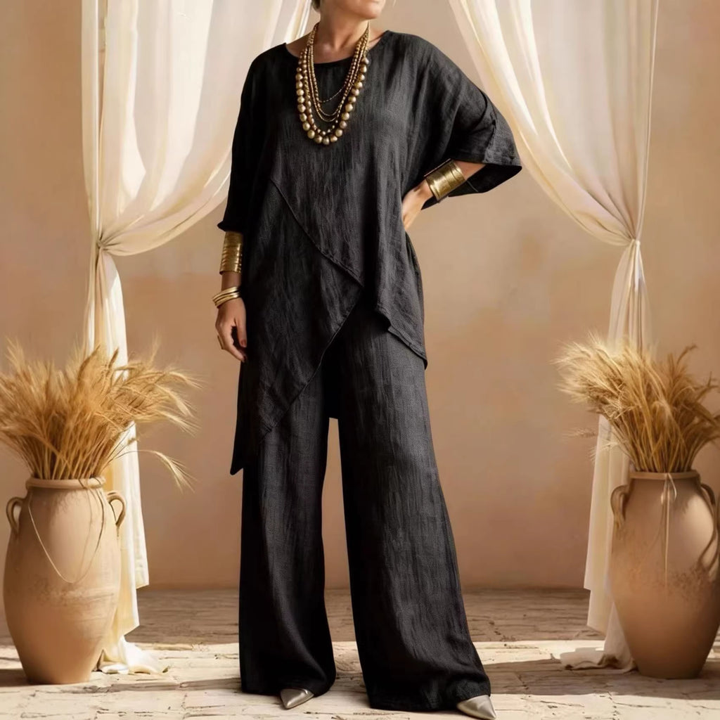 Womens Cotton-linen Crew-neck Loose Casual Two-piece Set