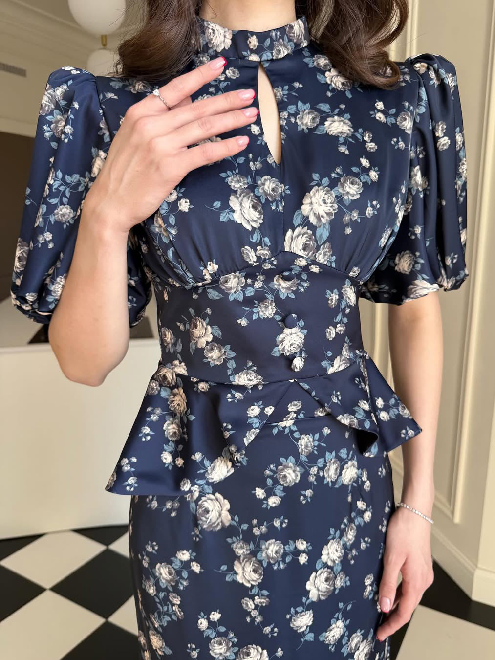 Navy Floral Print Mandarin Collar Puff Sleeve Ruffle Waist Slim Maxi Dress