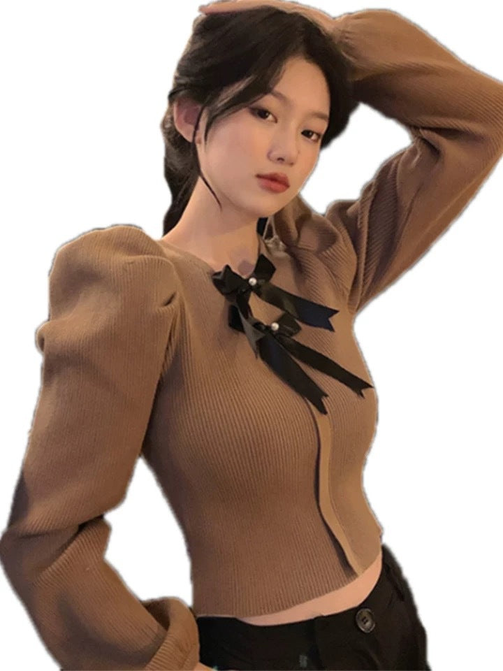 French Chic Crew-Neck Top With Bow Detail Pullover Style