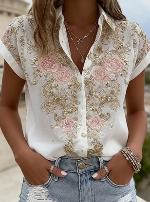 Women's American Retro Collared Short Sleeve Loose Shirt