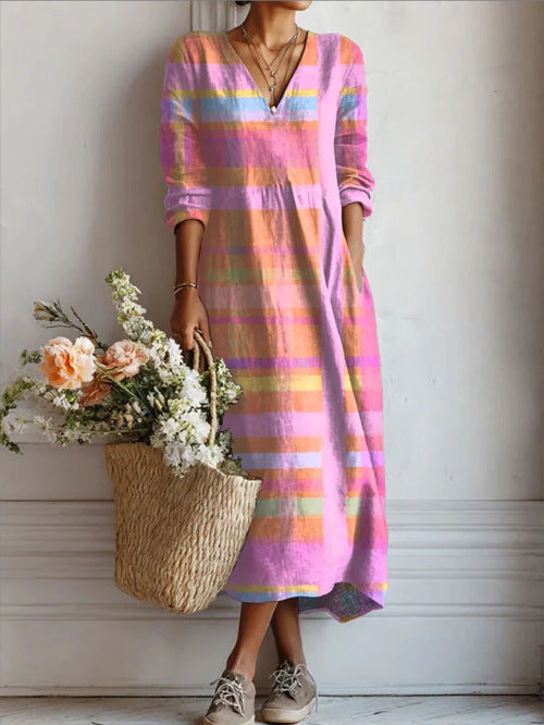 Stylish And Elegant EuropeanAmerican Printed V-neck Maxi Dress