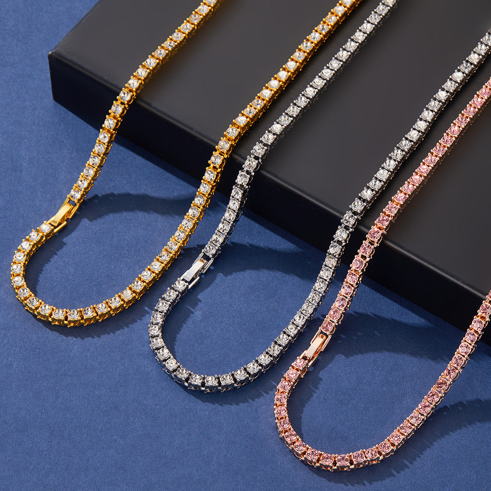 Simple Zinc-alloy Rhinestone Single-row Cuban-link Necklace