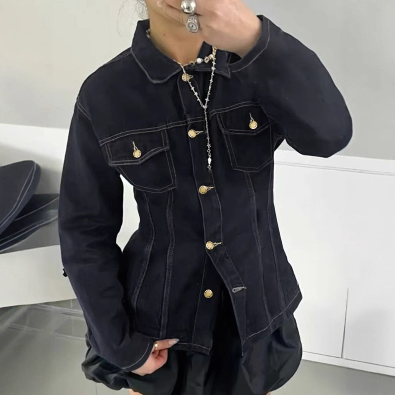 Womens American-Style Vintage Washed Denim Shirt Jacket