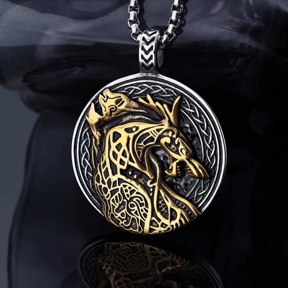 Personalized Wolf-Head Totem Titanium Steel Black-and-Gold Contrast Pendant