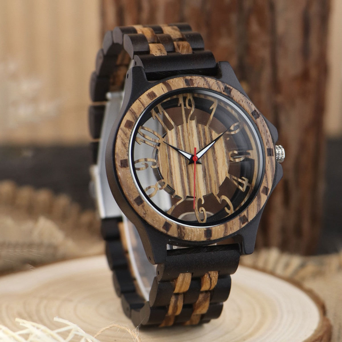 Engraved Walnut Wood Leather-Strap Quartz Watch