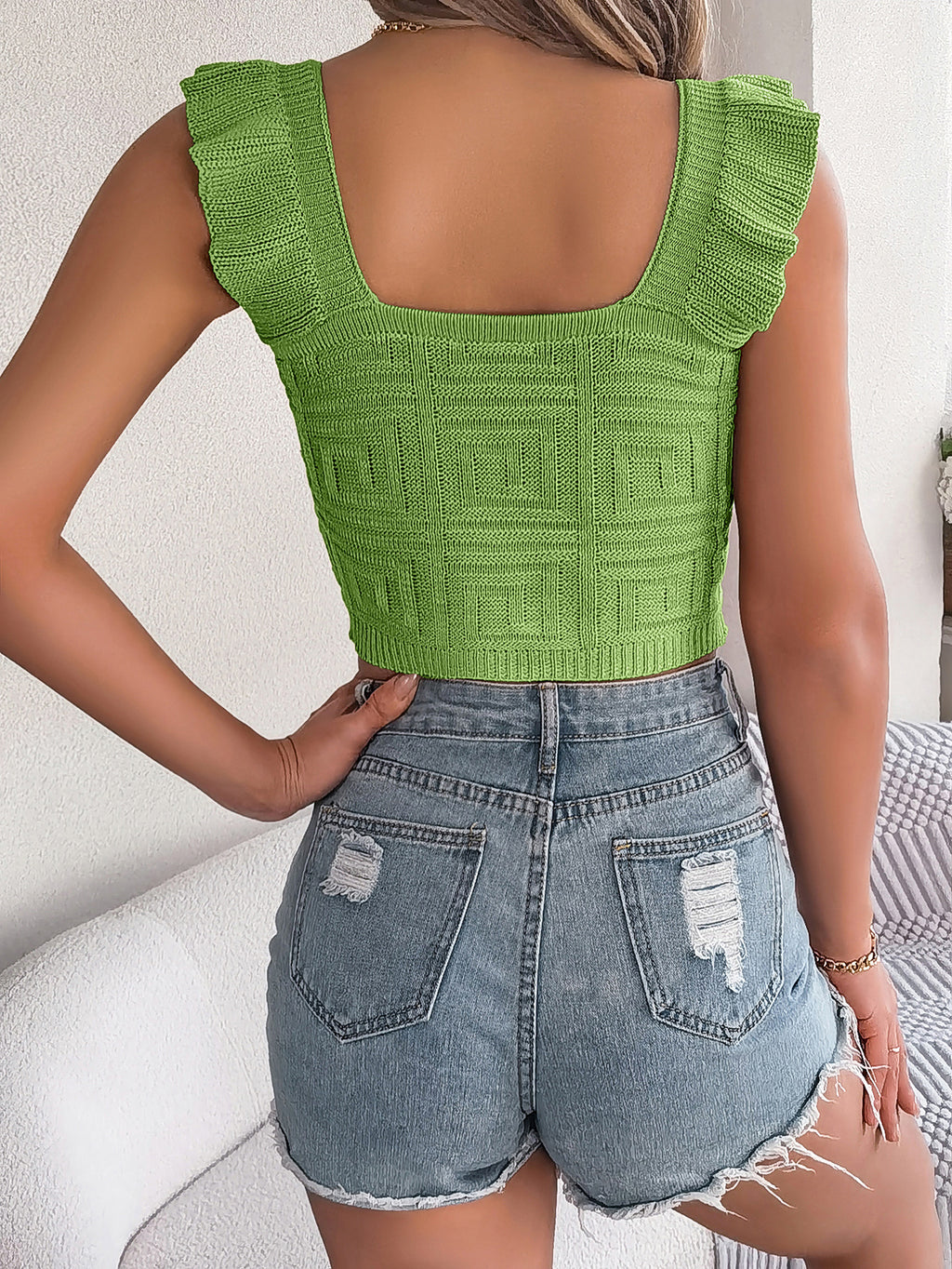 Solid Color Square Neck Ruffle Trim Sleeveless Knit Crop Top