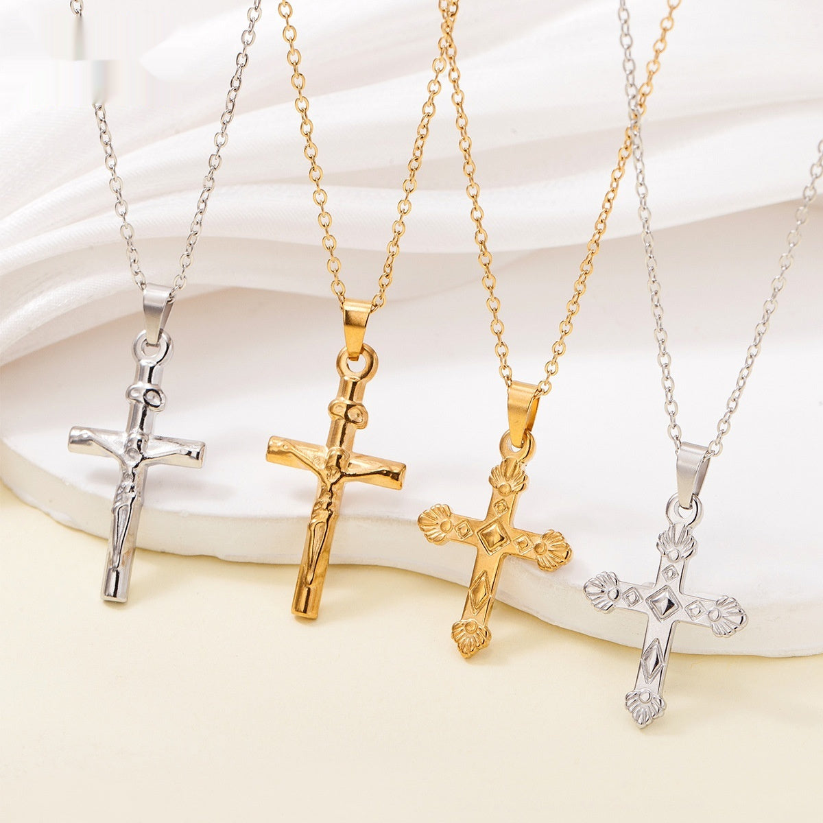 High-End Stainless Steel Cross Pendant Necklace With Real Gold Plating