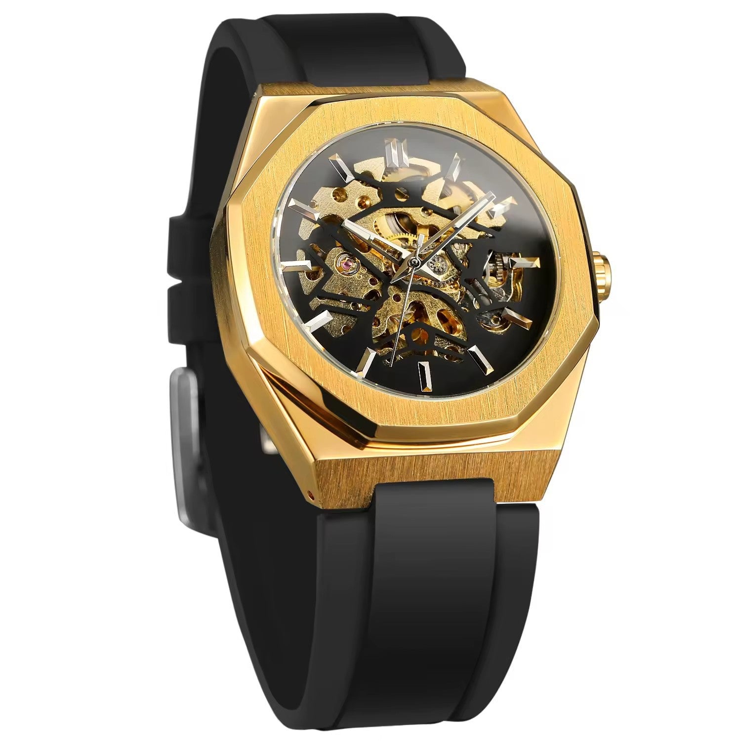 Casual Silver Hollow Skeleton Rubber-band Automatic Mechanical Watch