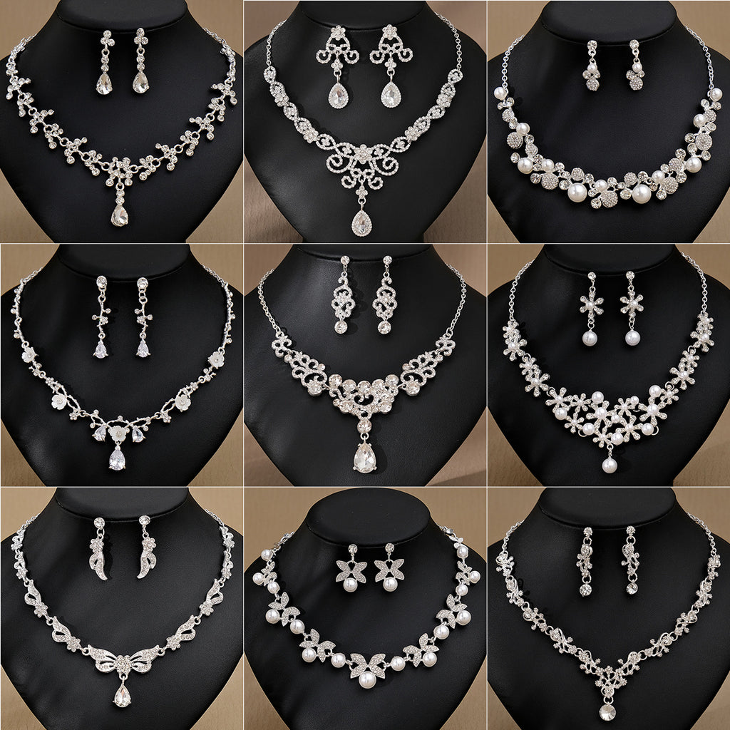 Rhinestone Pearl Earrings And Necklace Set Women