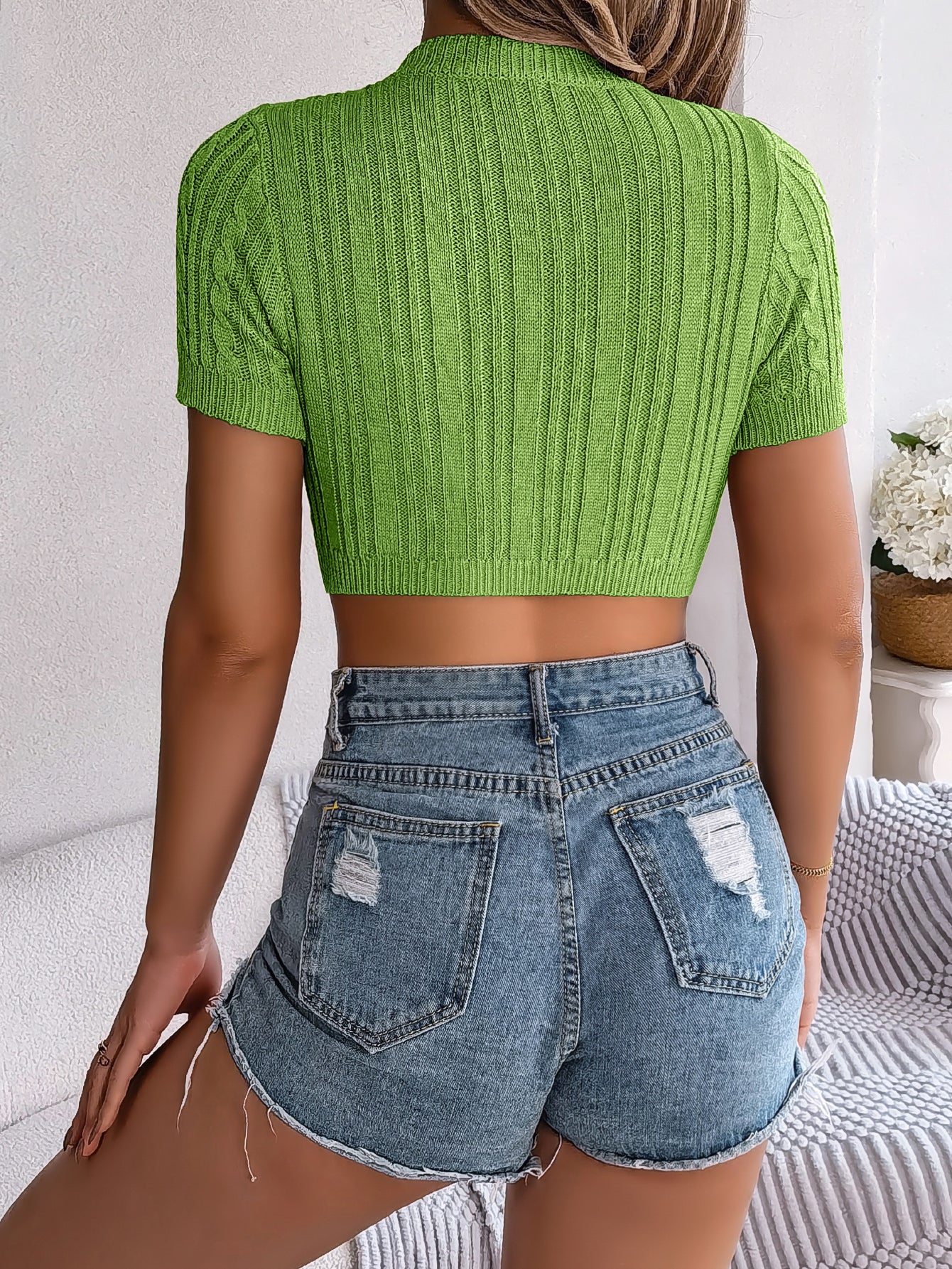 Casual Hollow Out Cable Knit Short Sleeve Crop Top - Beachwear