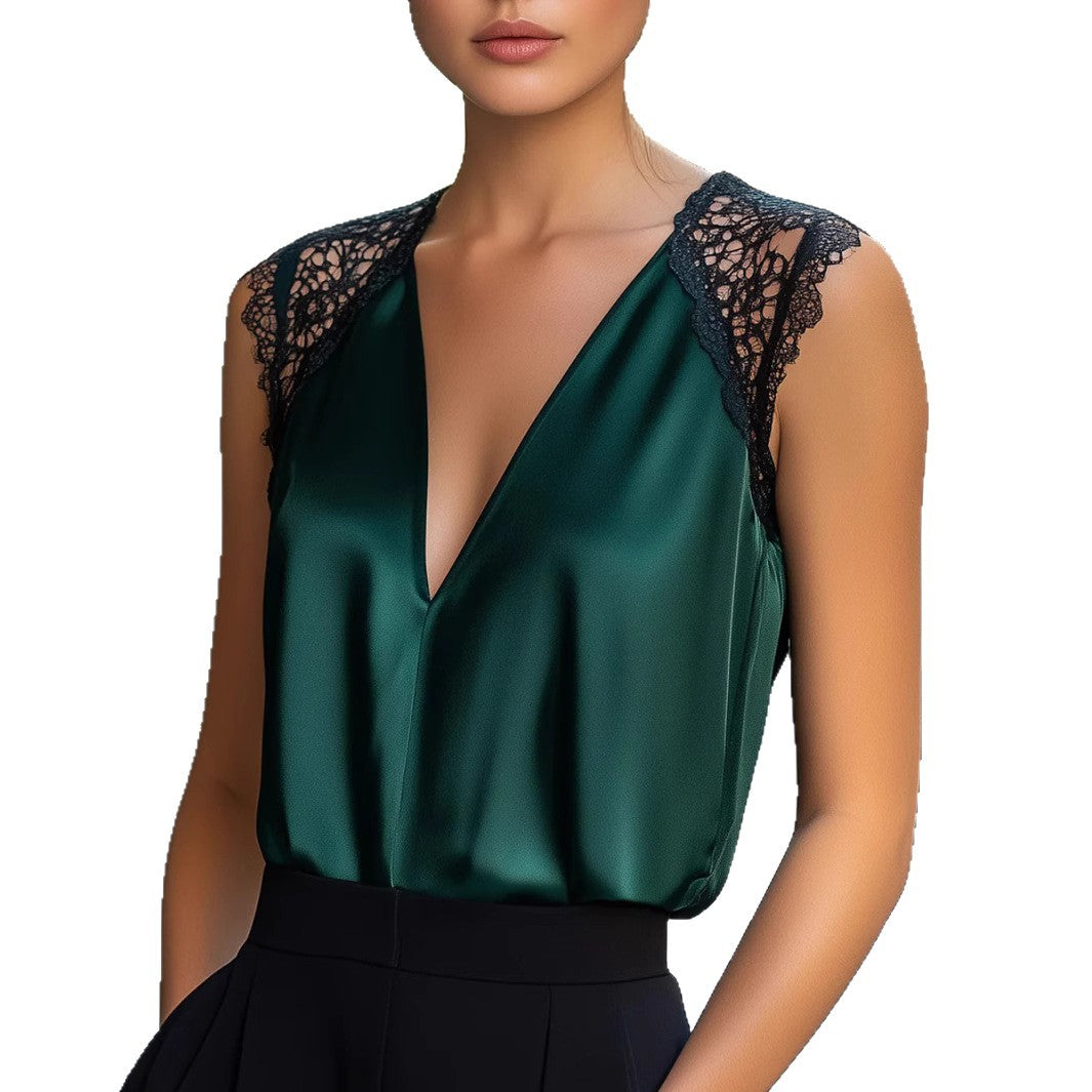 New Womens Elegant Lace-Patchwork Satin Vest