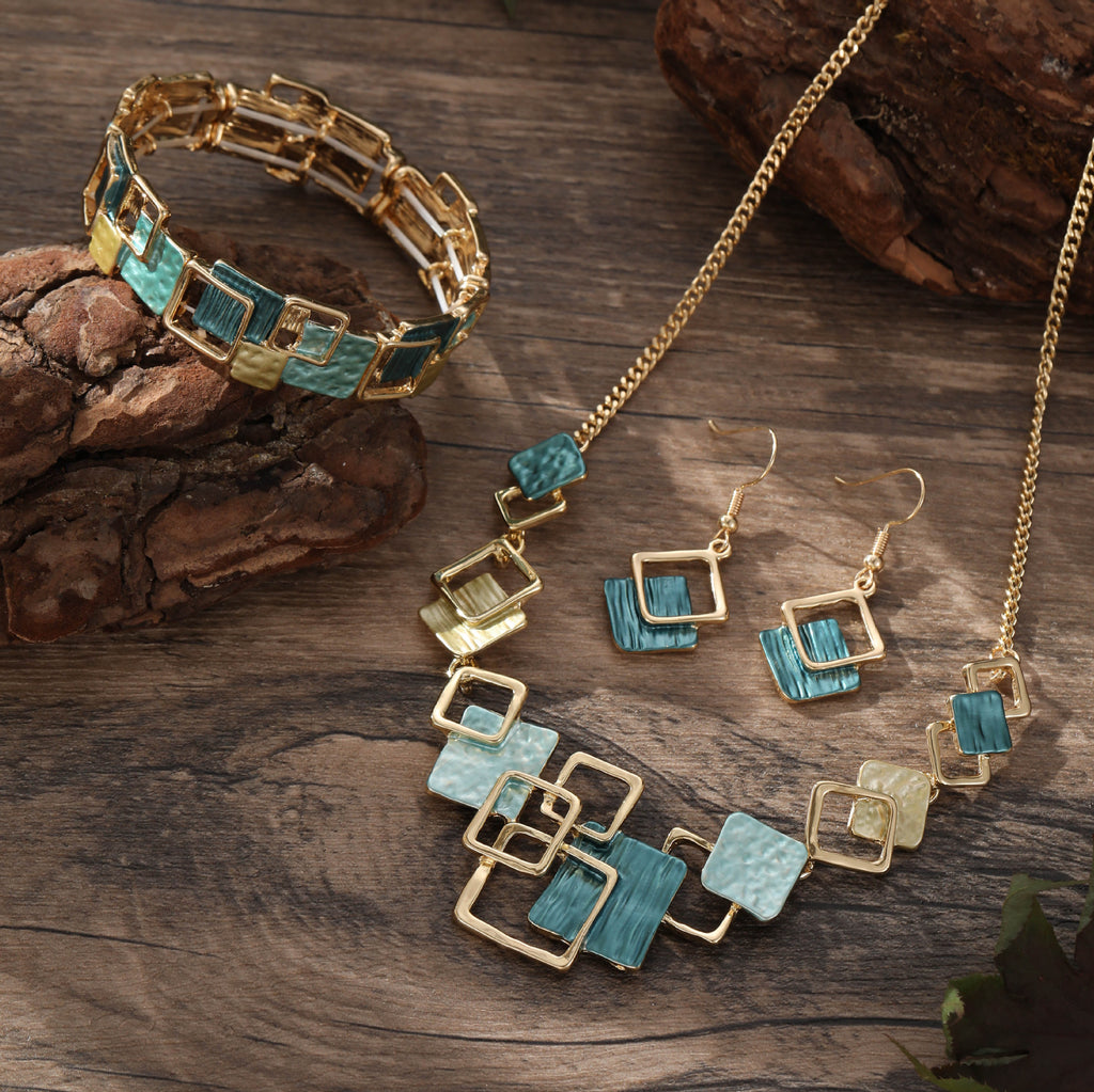 Color Painting Oil Geometric Square Ear Studs Bracelet And Necklace Set