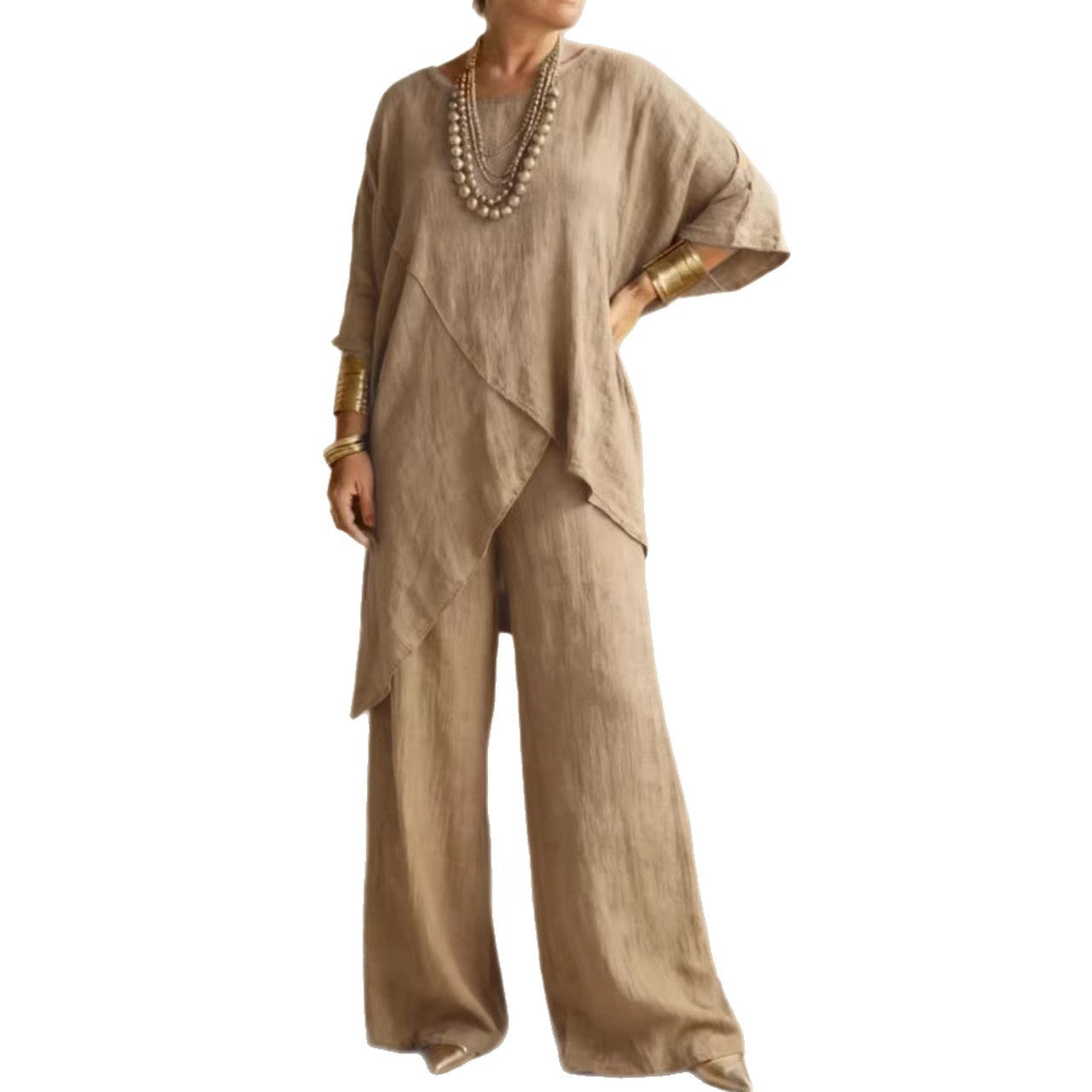 Womens Cotton-linen Crew-neck Loose Casual Two-piece Set