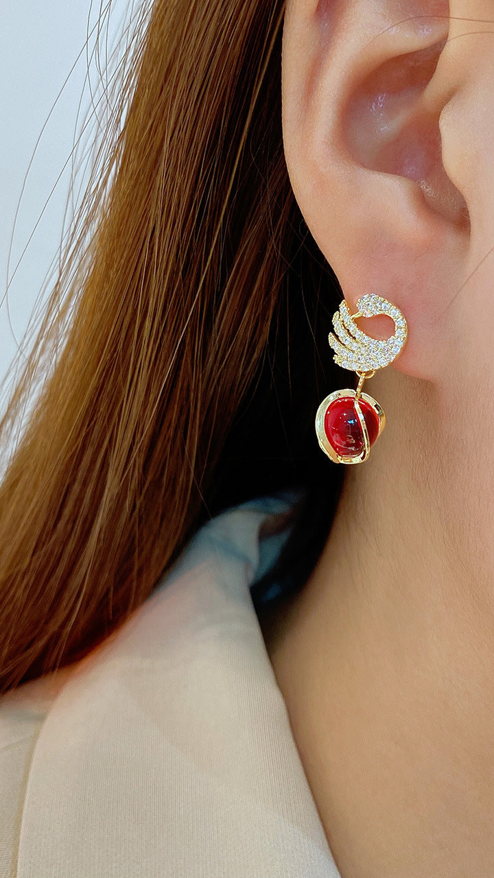 Warm Cat Eye Stone Swan Elegant Super Fairy Earrings