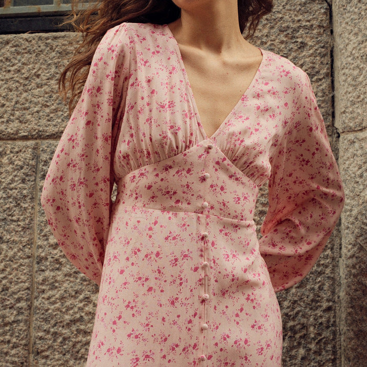 V-neck Long-sleeve High-waisted Floral Maxi Dress With A Slit