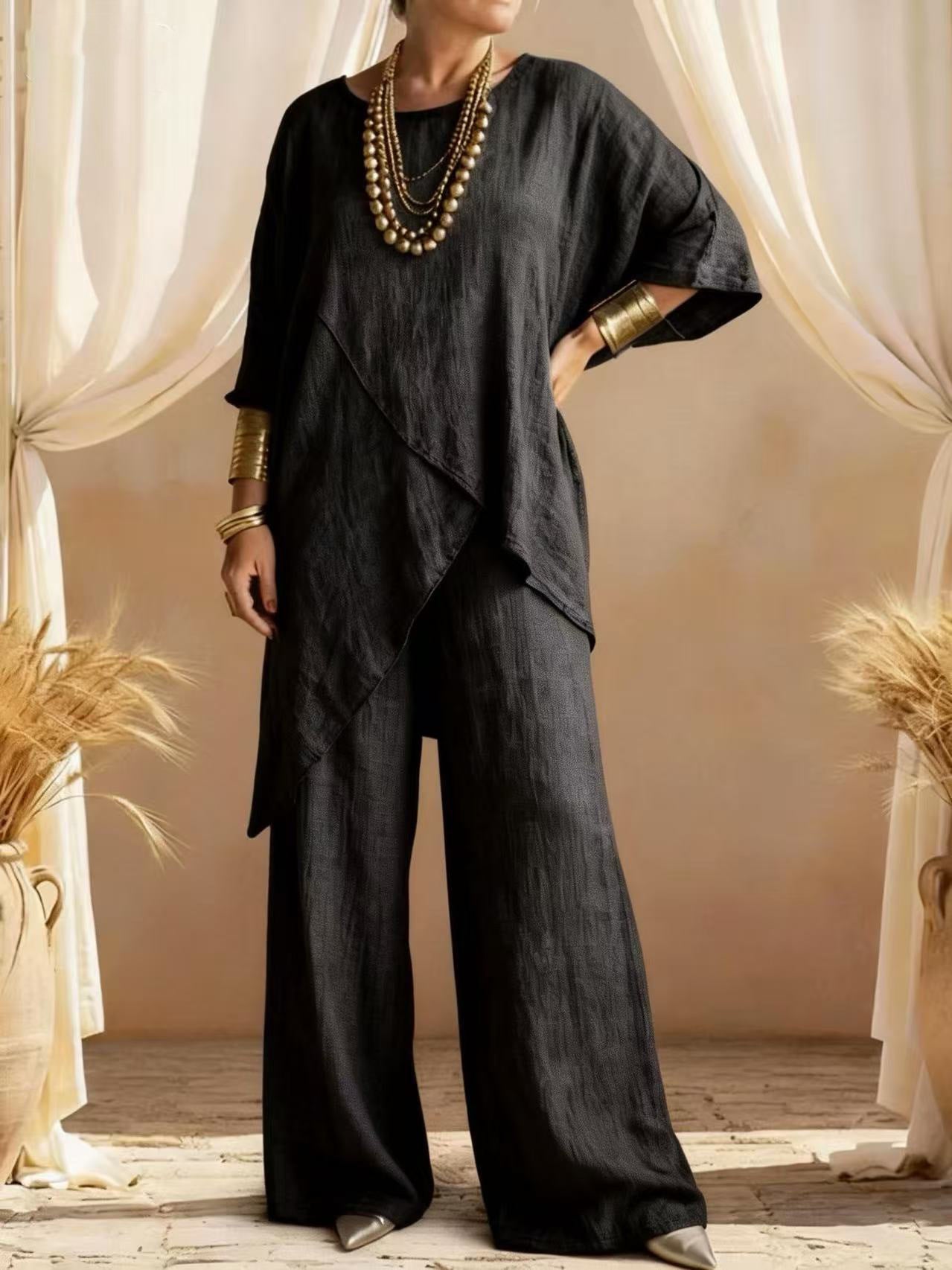 Womens Cotton-linen Crew-neck Loose Casual Two-piece Set