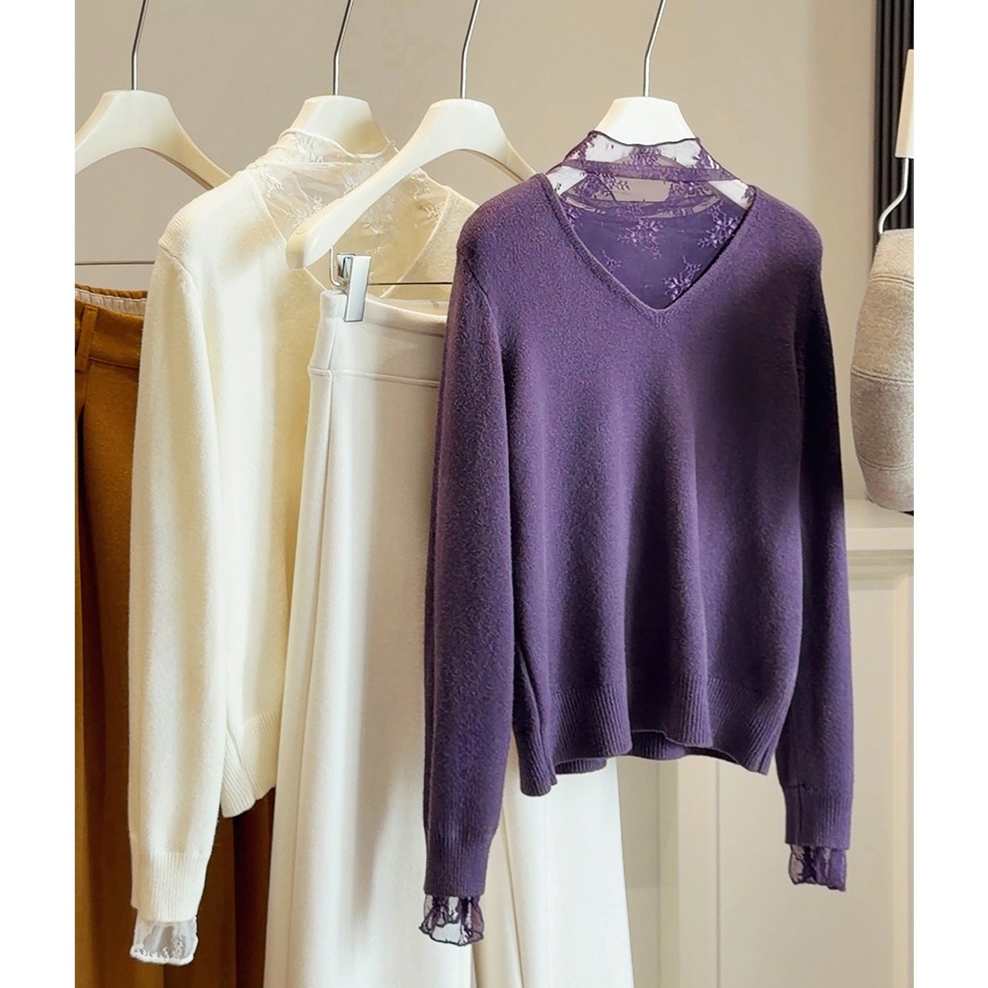 Lace-Panel Fake Two-Piece V-Neck Knitted Sweater