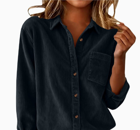 Corduroy Casual Loose Thick Shirt With Striped Turn-Down Collar And Long Sleeves