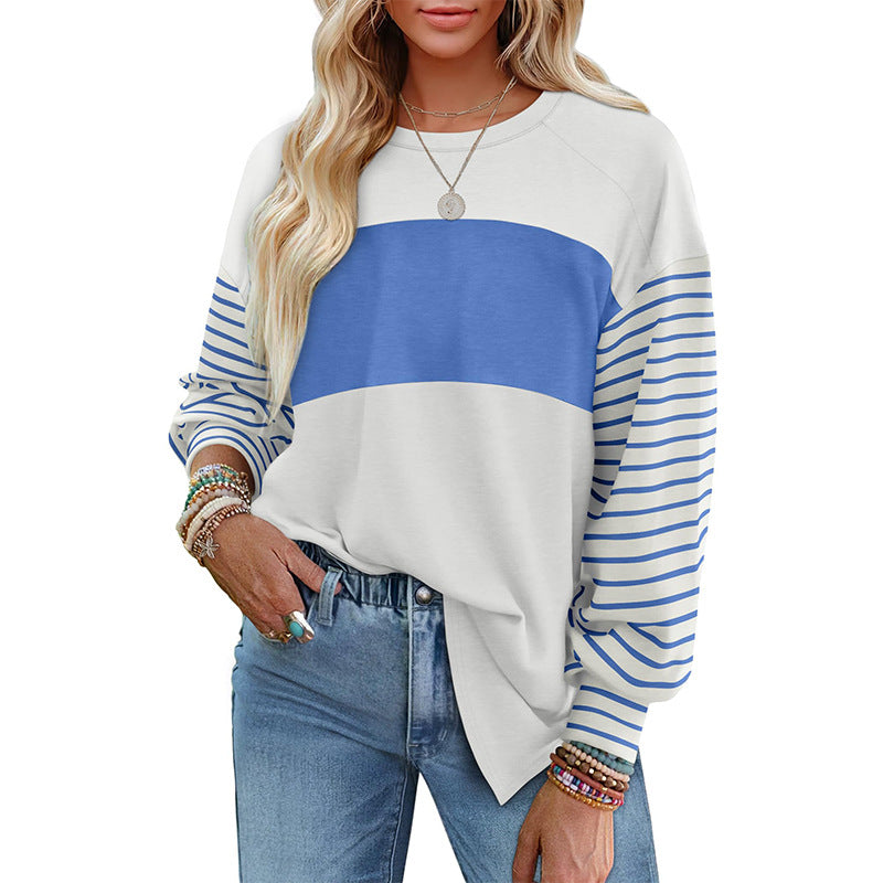 Pullover Crewneck Striped Casual Contrast-color Long-sleeve Top