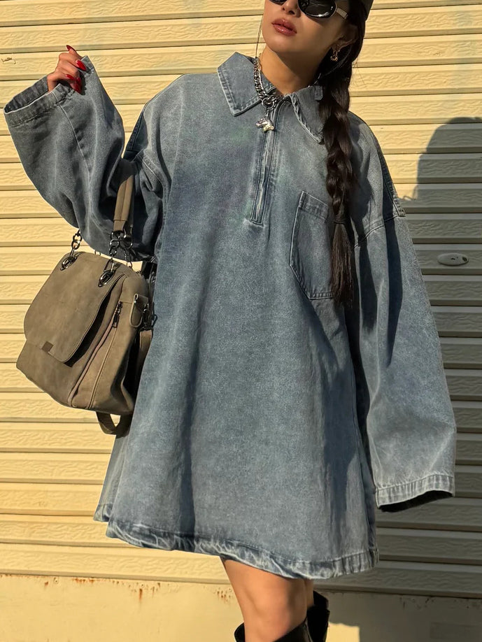 Light Blue Vintage Washed Denim Oversized Polo Dress