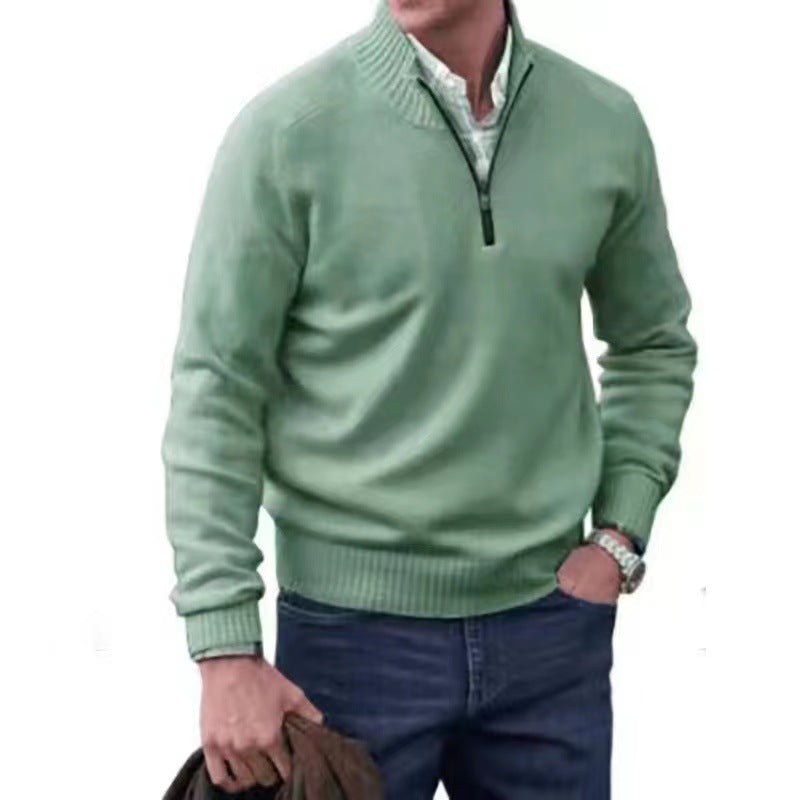 Men's Pullover Sweater Fashion Zipper Stand Collar Knitted Top Casual Solid Color Sweatshirt Clothing