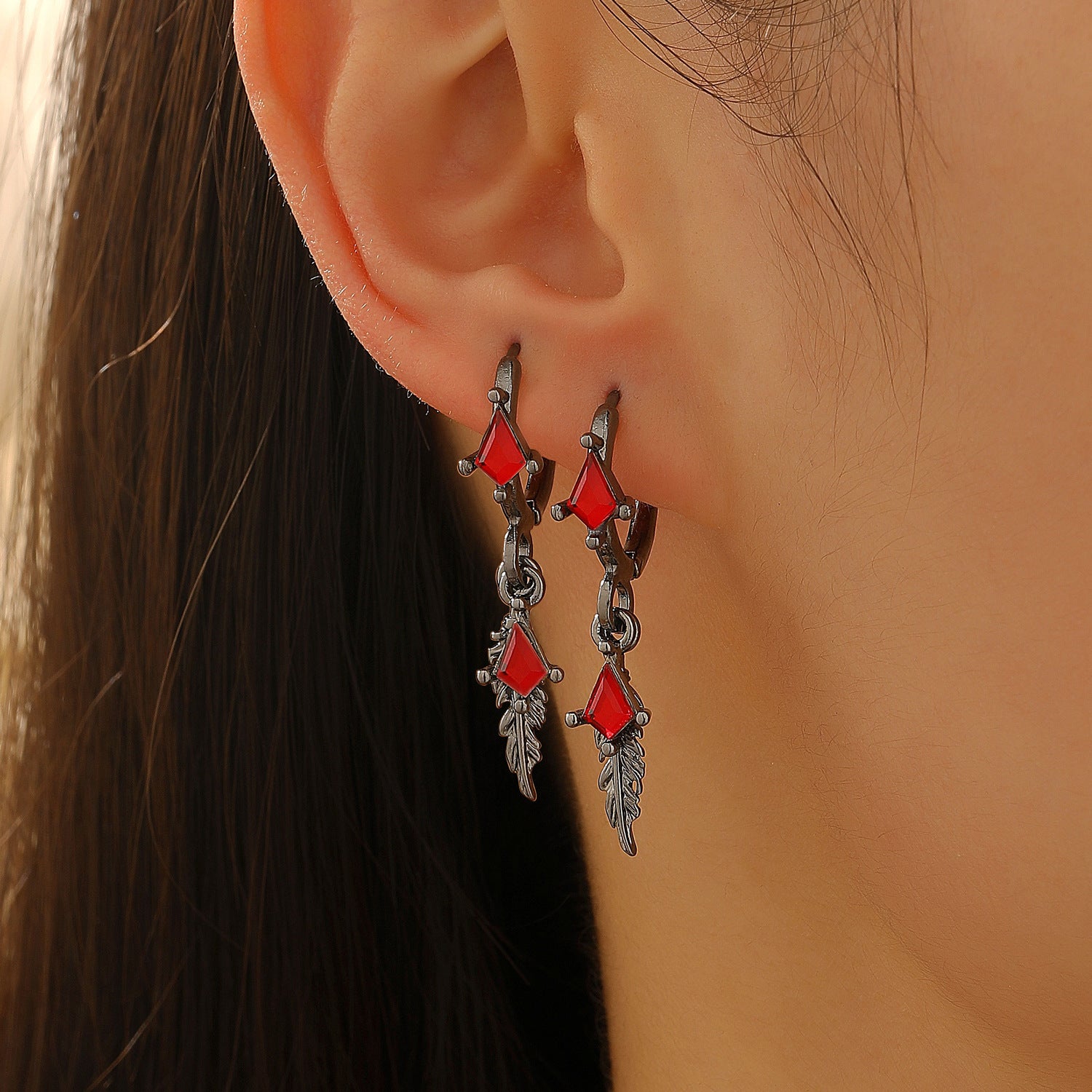 Retro Dark-Style Diamond-Shaped Feather Pendant Earrings