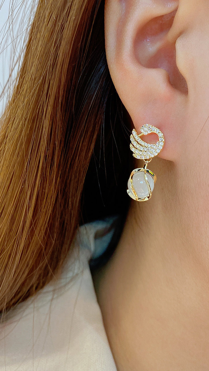 Warm Cat Eye Stone Swan Elegant Super Fairy Earrings