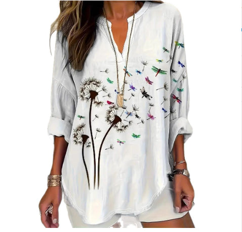 Womens Stand Collar Button-Down Drop Shoulder Long-Sleeve Top