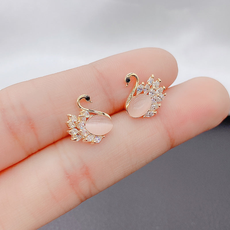 Warm Cat Eye Stone Swan Elegant Super Fairy Earrings