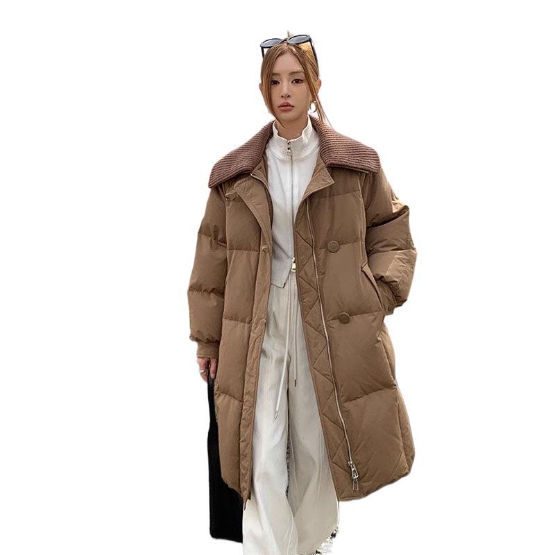 Womens Fashionable Knitted Long Cotton Coat With A Turn-Down Collar