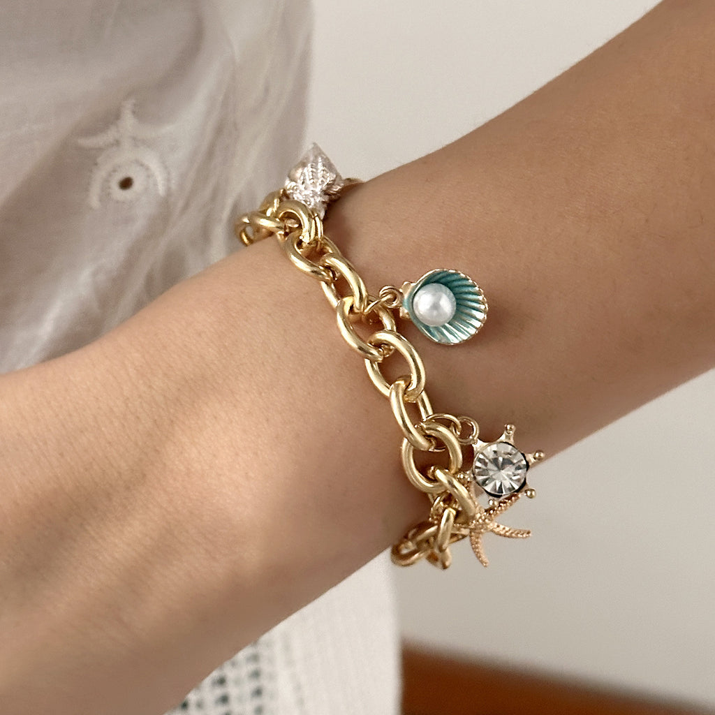 Women's Fashion Starfish Pearl Shell Fishtail Multi-pendant Necklace Bracelet