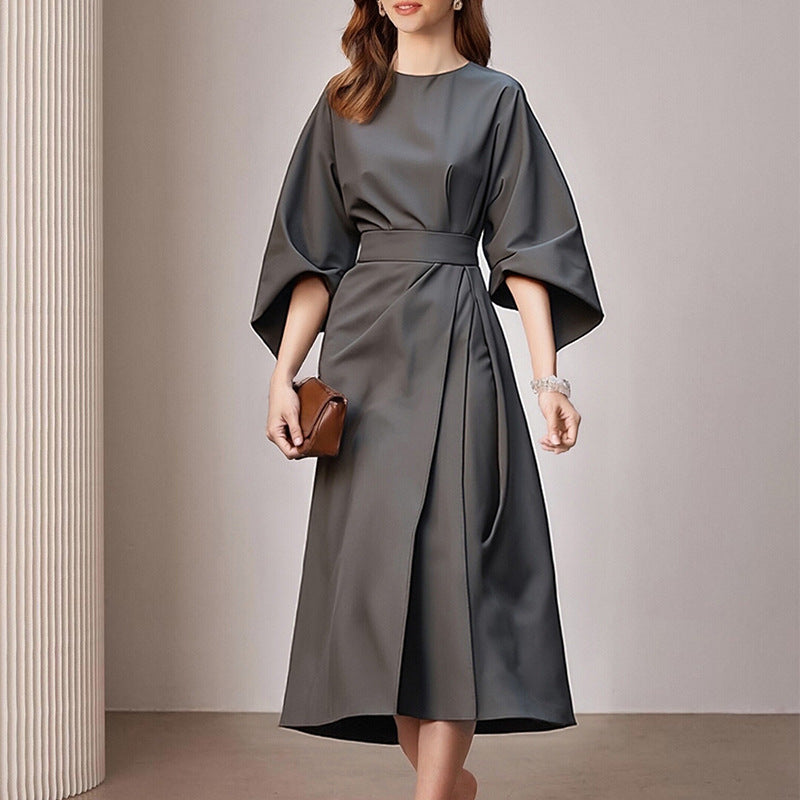 Fashionable Casual Everyday Commuter Solid-color Crew-neck Lace-up Dress