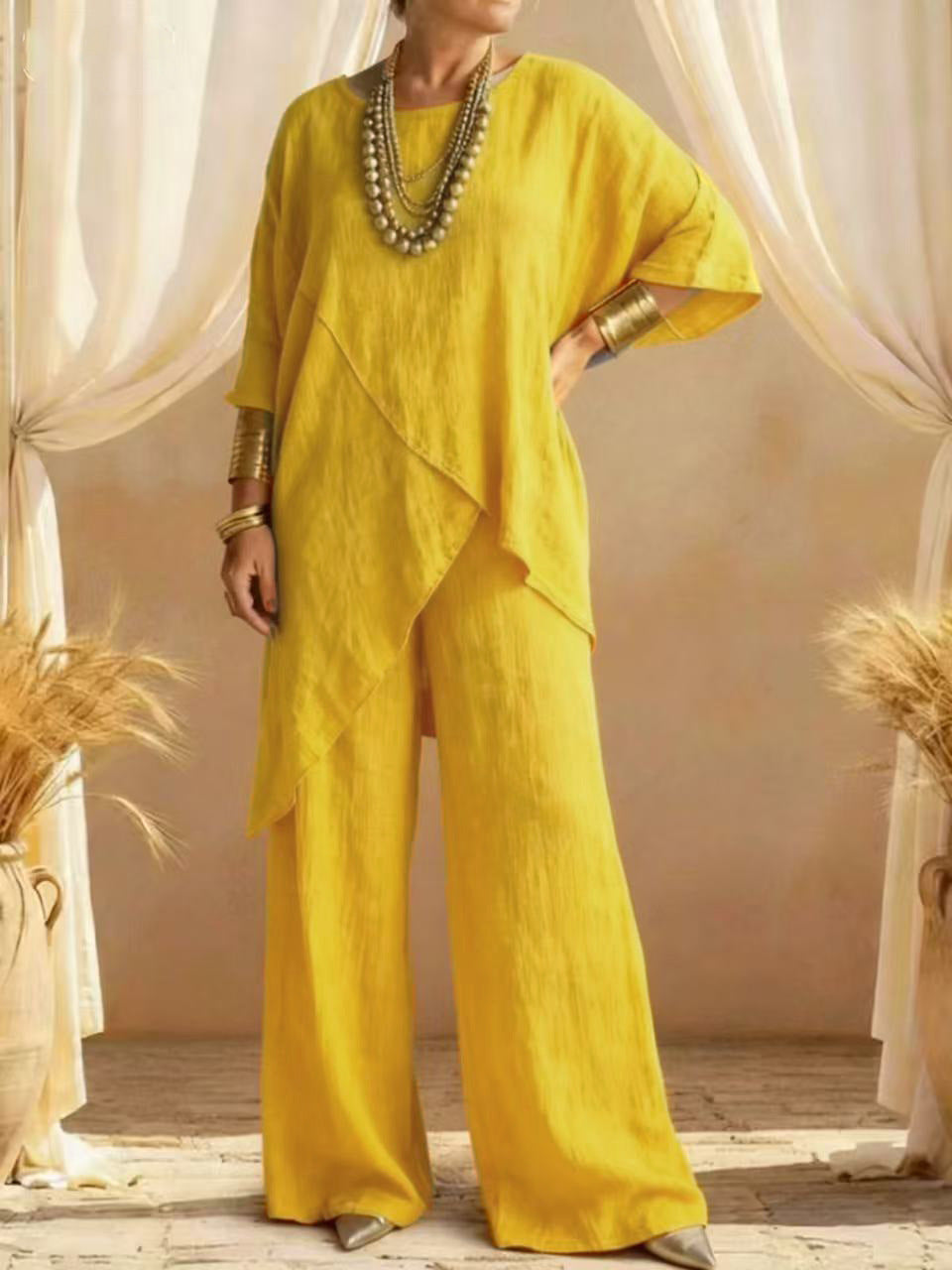 Womens Cotton-linen Crew-neck Loose Casual Two-piece Set