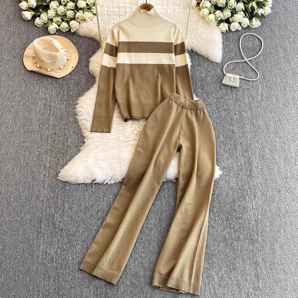 Casual Knitted Long Sleeve Wide Leg Pants Set