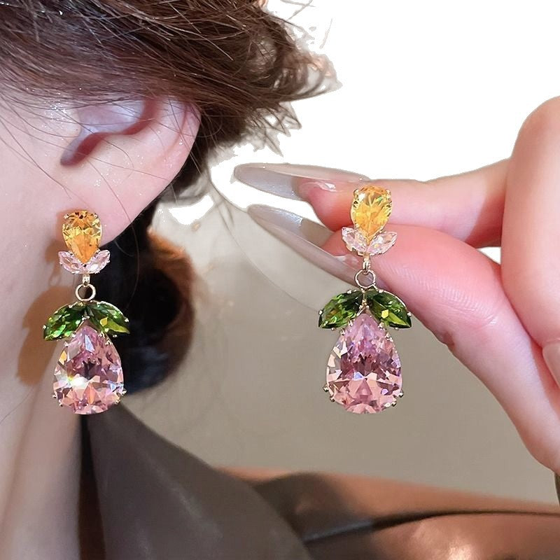 Colorful Sparkling Diamond Flower Leaf Water Drop Pendant Necklace Earring Set