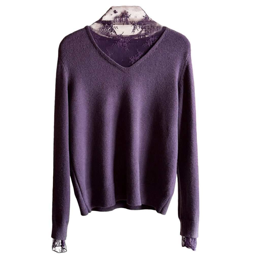 Lace-Panel Fake Two-Piece V-Neck Knitted Sweater
