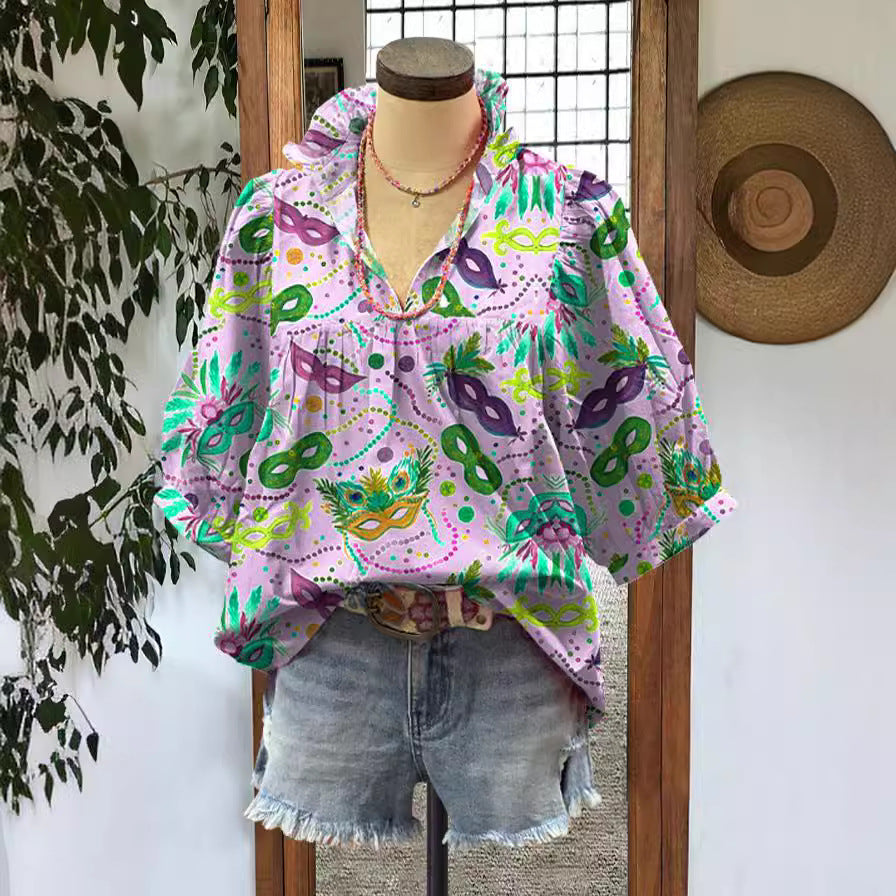 Loose-fitting Womens V-neck Top With Puffed Sleeves