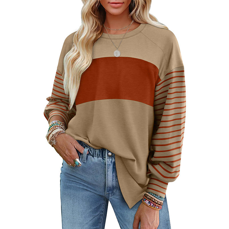 Pullover Crewneck Striped Casual Contrast-color Long-sleeve Top