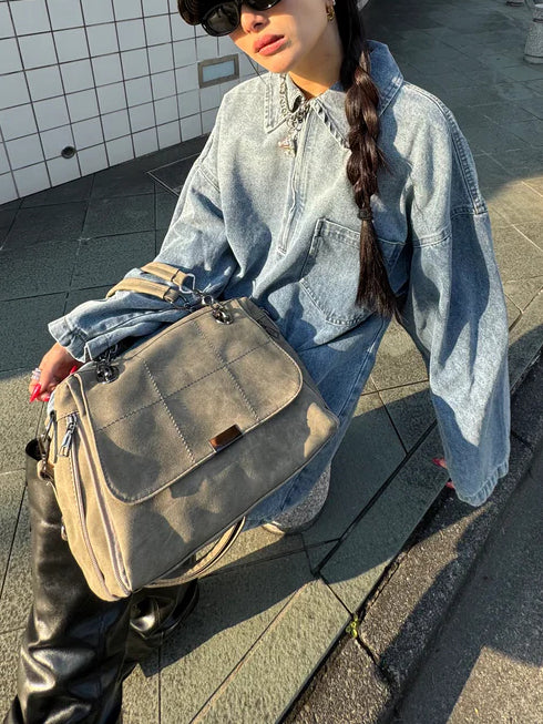 Light Blue Vintage Washed Denim Oversized Polo Dress