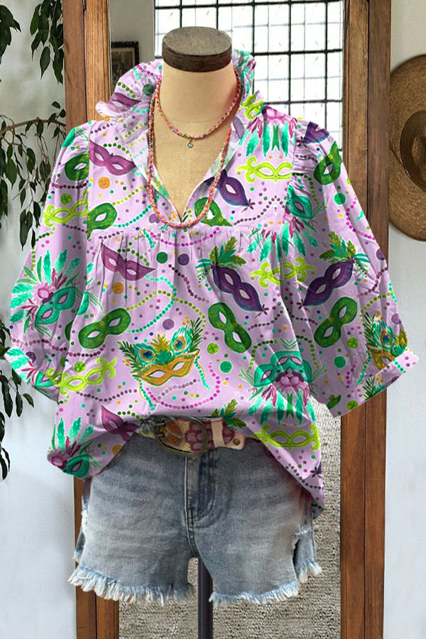 Loose-fitting Womens V-neck Top With Puffed Sleeves