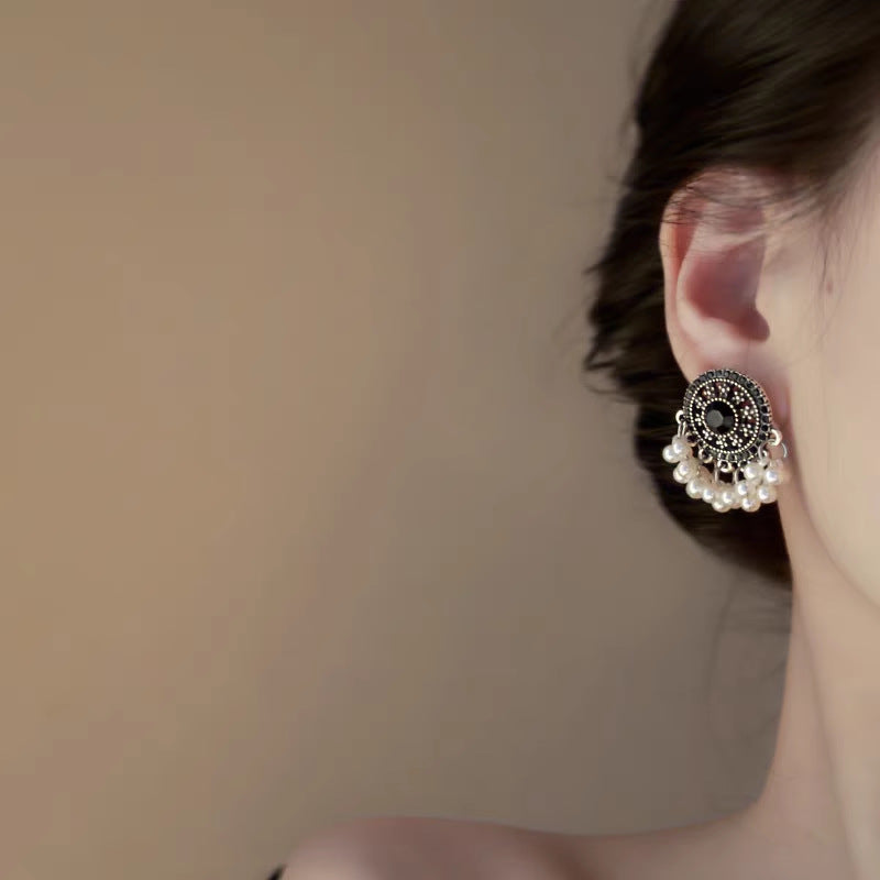 Silver Needle Retro Geometric Tassel Pearl Earrings